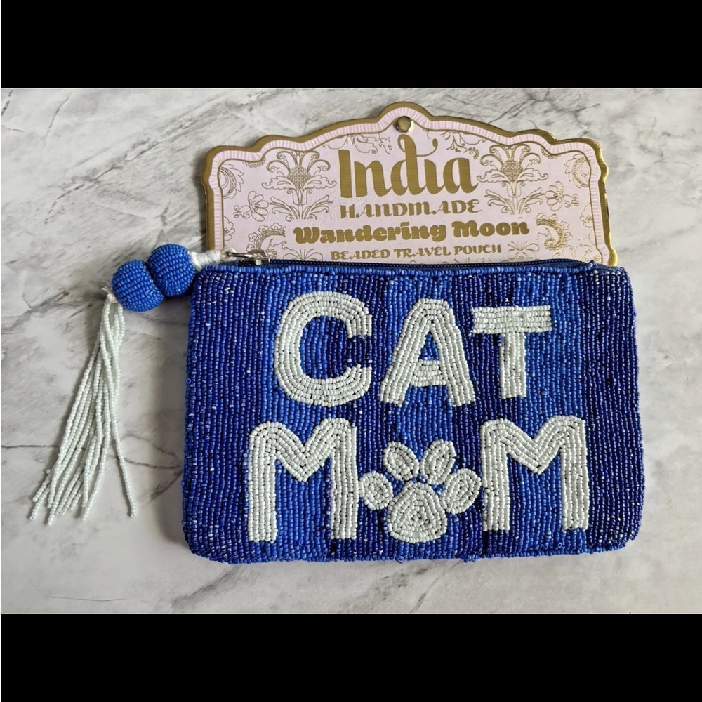 NWT Wandering Moon India Handmade Beaded Blue Cat Mom Travel Pouch Bag Viral